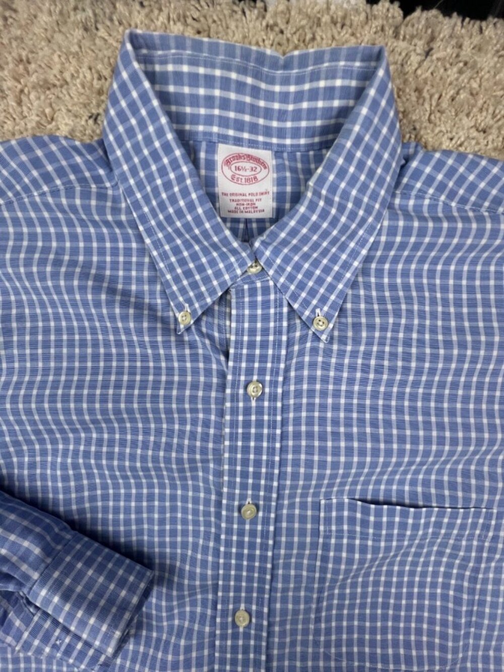 Brooks Brothers Blue White Check Long Sleeve Button Up Shirt Men 16.5 32 Adult